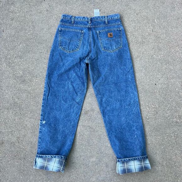 Y2K Carhartt Flannel Plaid Lined Relaxed Fit Straight Leg Jeans 34x34 B172 DST - Picture 1 of 6